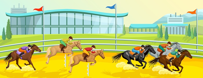 Horses with riders in competition cartoon illustration